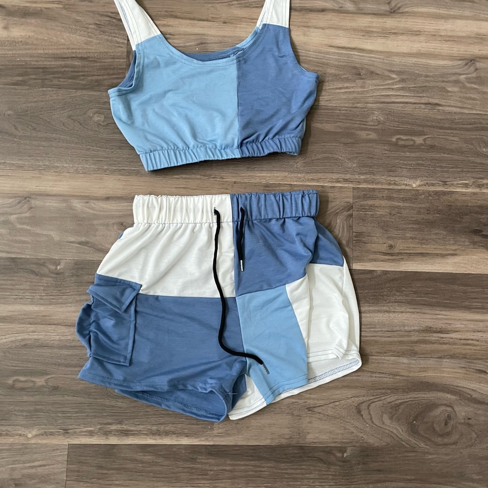 Blue and White Patchwork Crop Top and Shorts Set